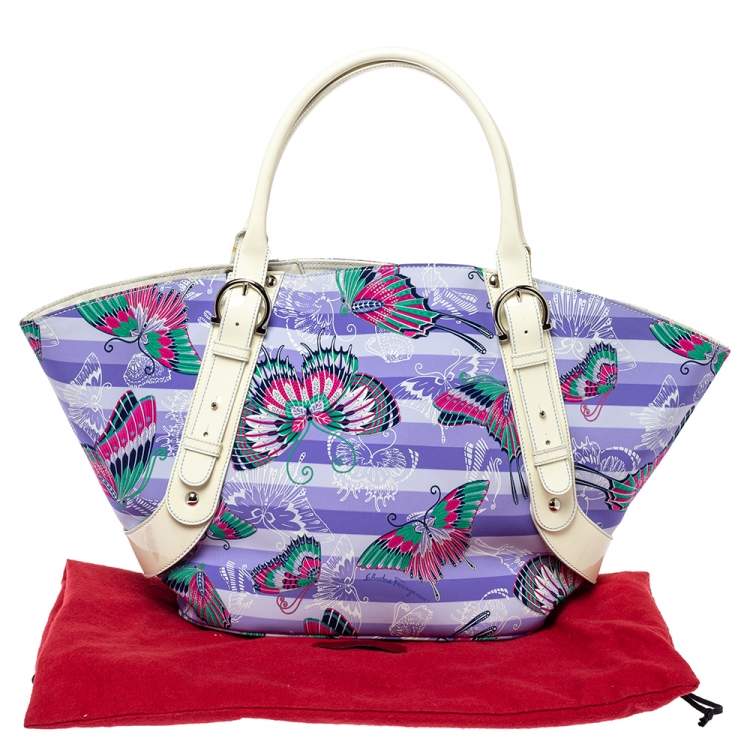 Pre Owned Salvatore Ferragamo Lavender/White Nylon and Patent Leather Buckle Shopper Tote