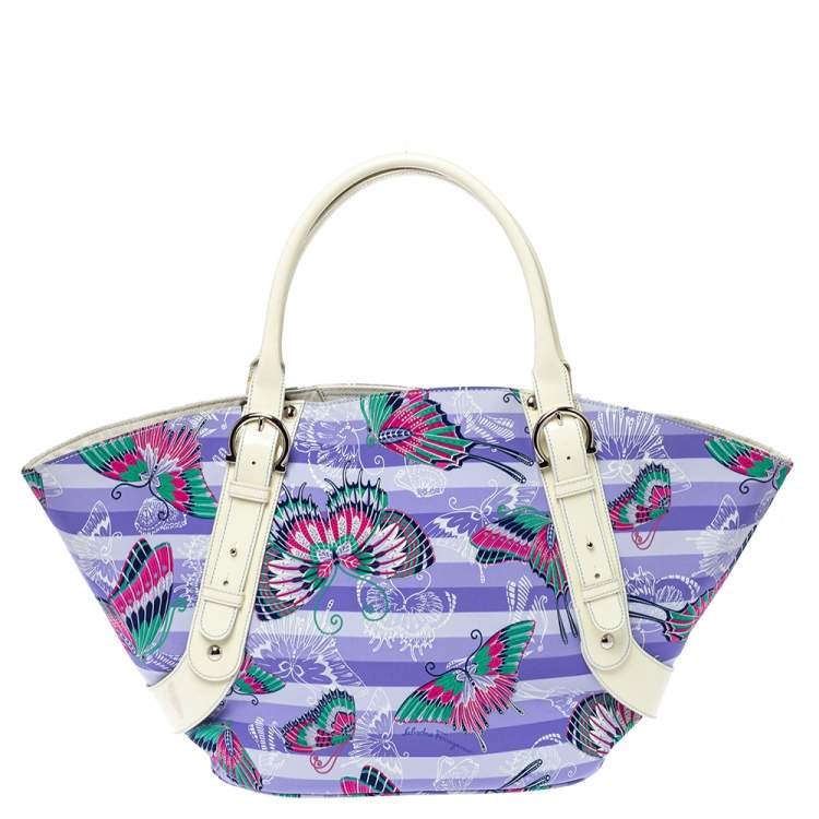 Pre Owned Salvatore Ferragamo Lavender/White Nylon and Patent Leather Buckle Shopper Tote