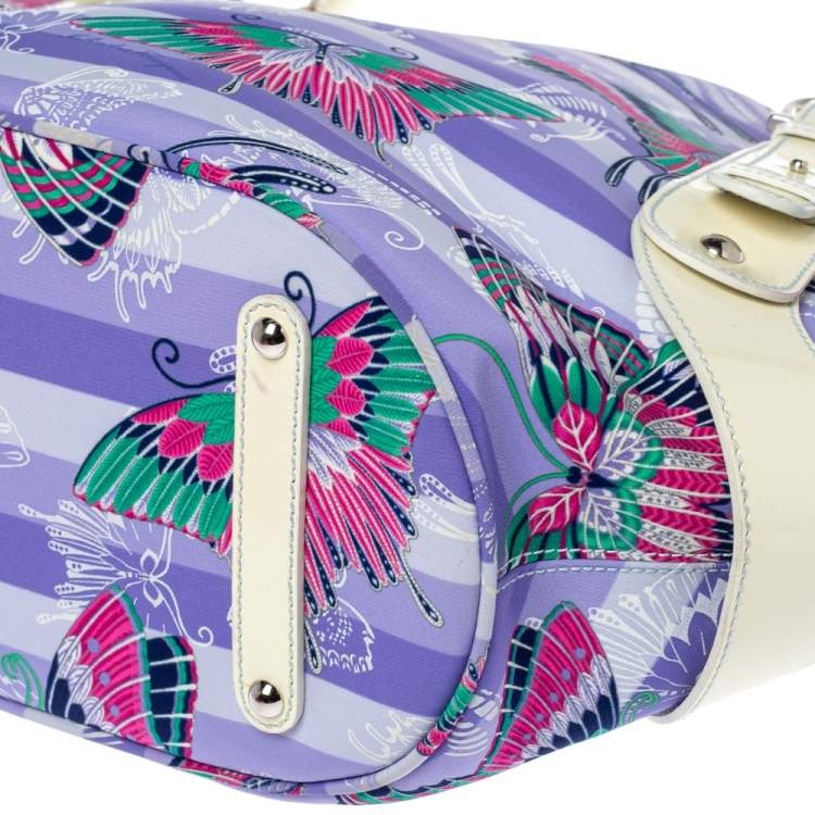 Pre Owned Salvatore Ferragamo Lavender/White Nylon and Patent Leather Buckle Shopper Tote