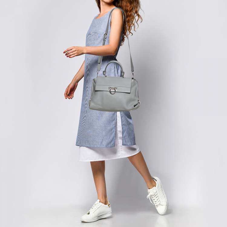 Pre Owned Salvatore Ferragamo Grey Leather Sofia Top Handle Bag
