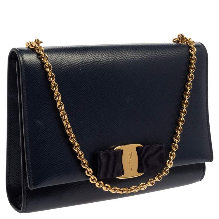 Pre Owned Salvatore Ferragamo Blue Leather Vara Bow Chain Shoulder Bag