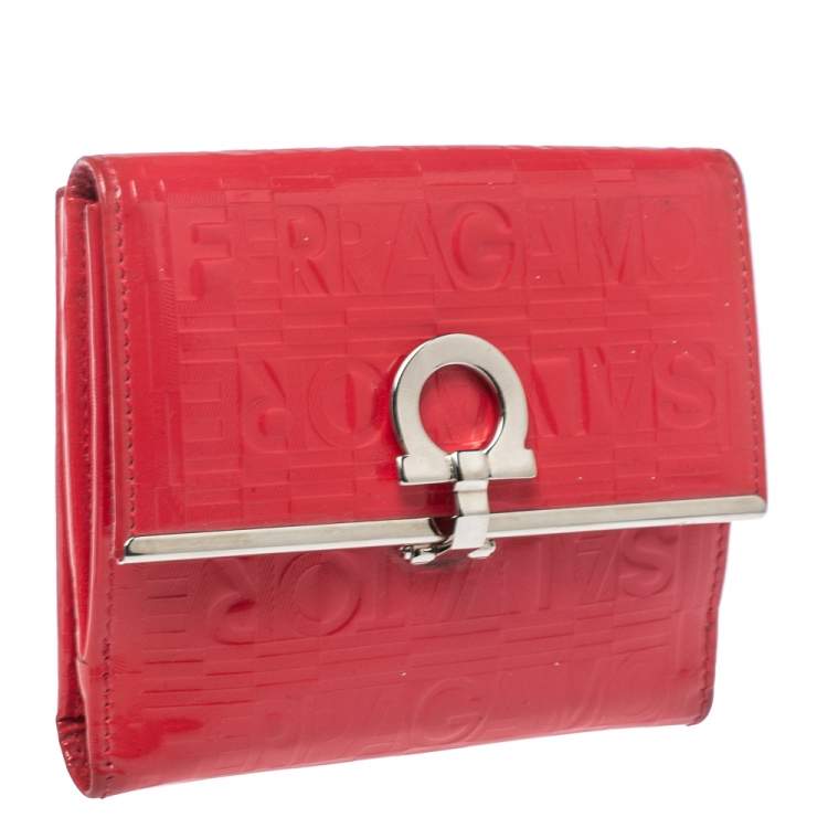 Pre Owned Salvatore Ferragamo Pink Monogram Embossed Patent Leather Gancini Triifold Wallet