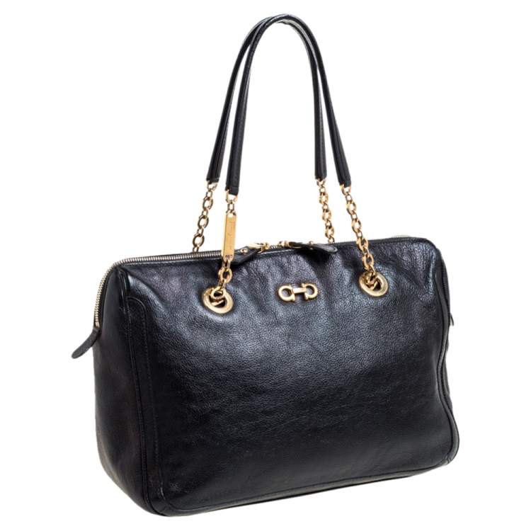 Pre Owned Salvatore Ferragamo Black Leather Fanya Chain Tote