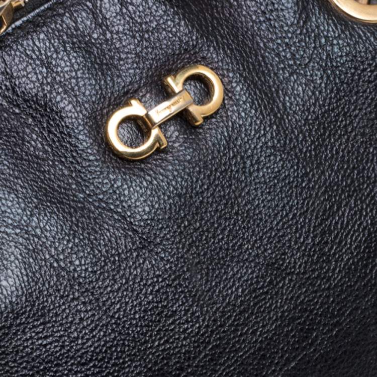 Pre Owned Salvatore Ferragamo Black Leather Fanya Chain Tote