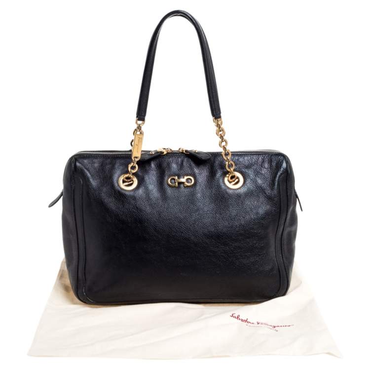 Pre Owned Salvatore Ferragamo Black Leather Fanya Chain Tote