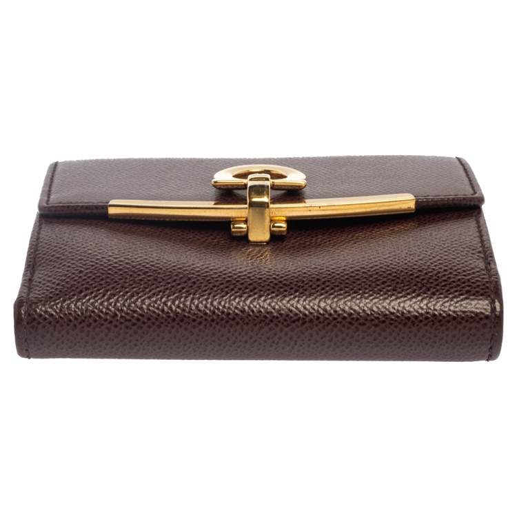 Pre Owned Salvatore Ferragamo Burgundy Grained Leather Gancini Clip Compact Wallet