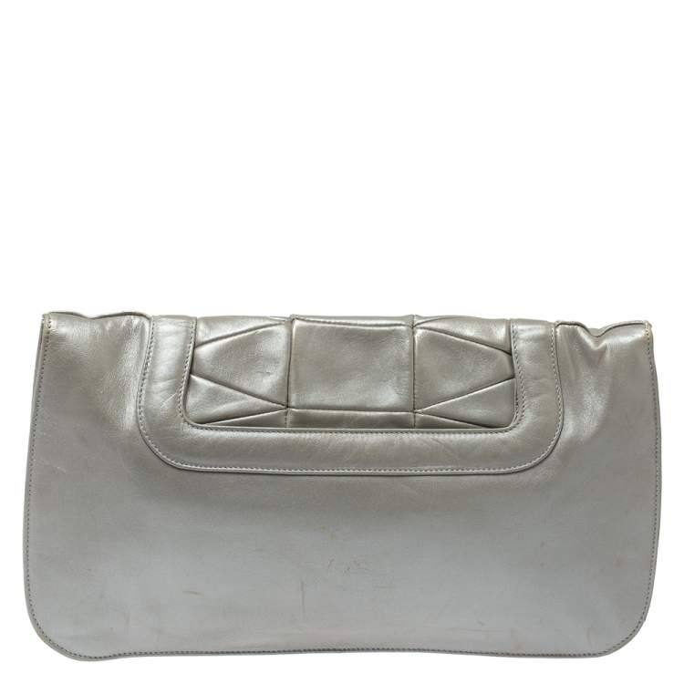 Pre Owned Salvatore Ferragamo Grey Pleated Leather Oversized Clutch