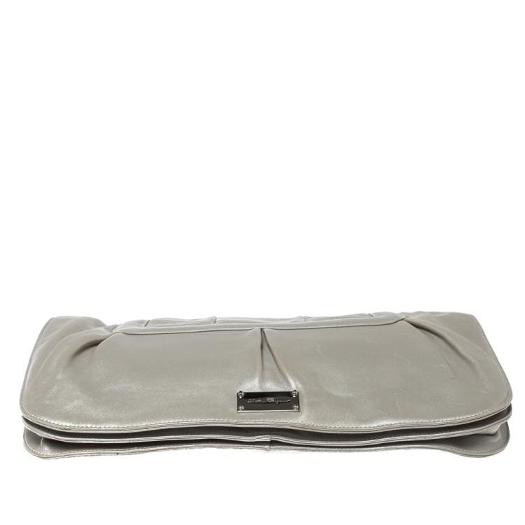 Pre Owned Salvatore Ferragamo Grey Pleated Leather Oversized Clutch