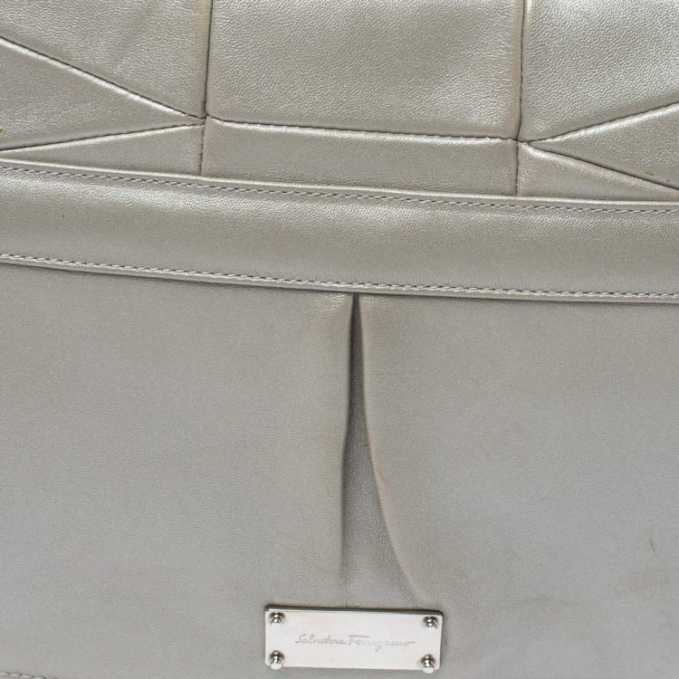 Pre Owned Salvatore Ferragamo Grey Pleated Leather Oversized Clutch