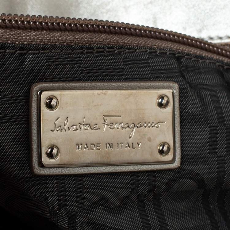 Pre Owned Salvatore Ferragamo Grey Pleated Leather Oversized Clutch