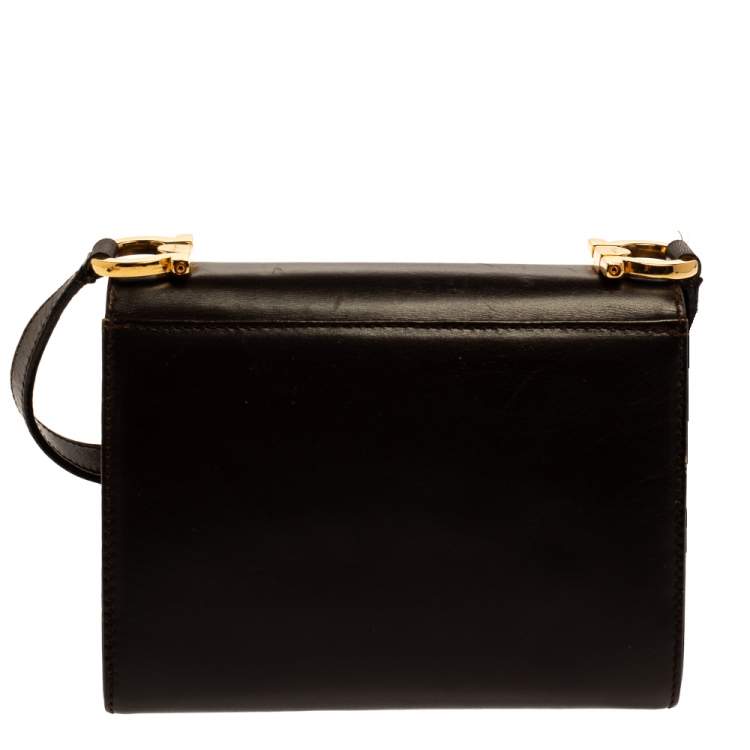 Pre Owned Salvatore Ferragamo Dark Brown Leather Gancini Flap Crossbody