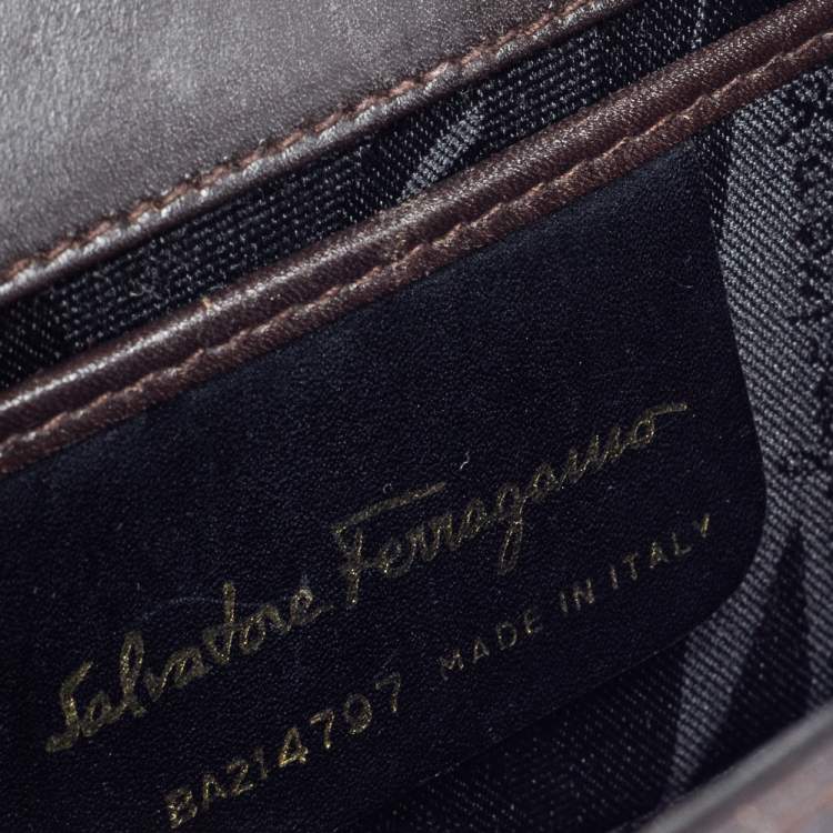 Pre Owned Salvatore Ferragamo Dark Brown Leather Gancini Flap Crossbody