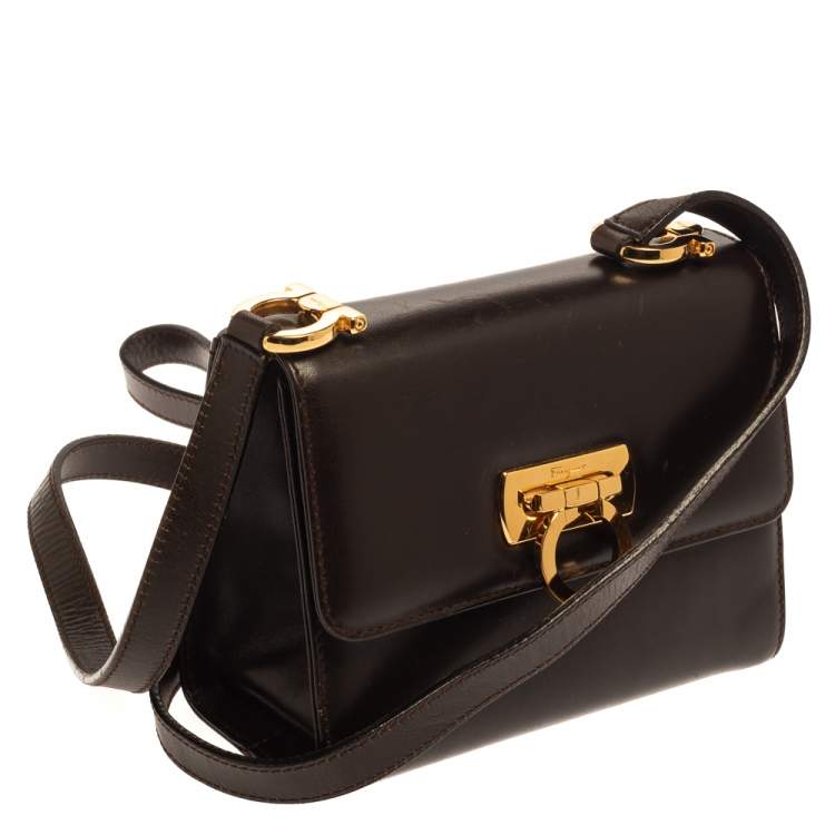 Pre Owned Salvatore Ferragamo Dark Brown Leather Gancini Flap Crossbody