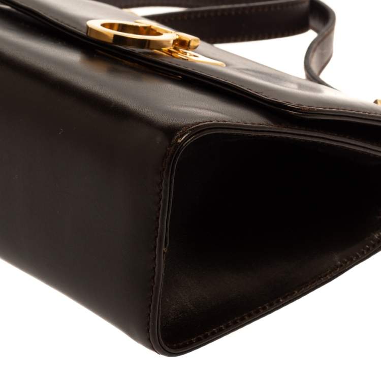 Pre Owned Salvatore Ferragamo Dark Brown Leather Gancini Flap Crossbody