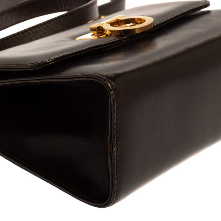 Pre Owned Salvatore Ferragamo Dark Brown Leather Gancini Flap Crossbody