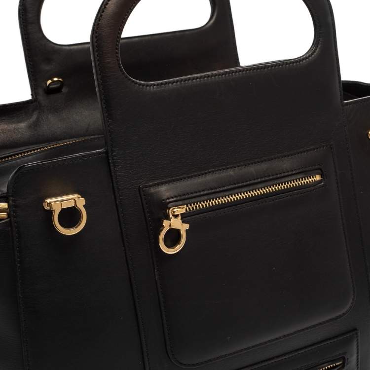 Pre Owned Salvatore Ferragamo Black Leather Leather Verve Tote Bag