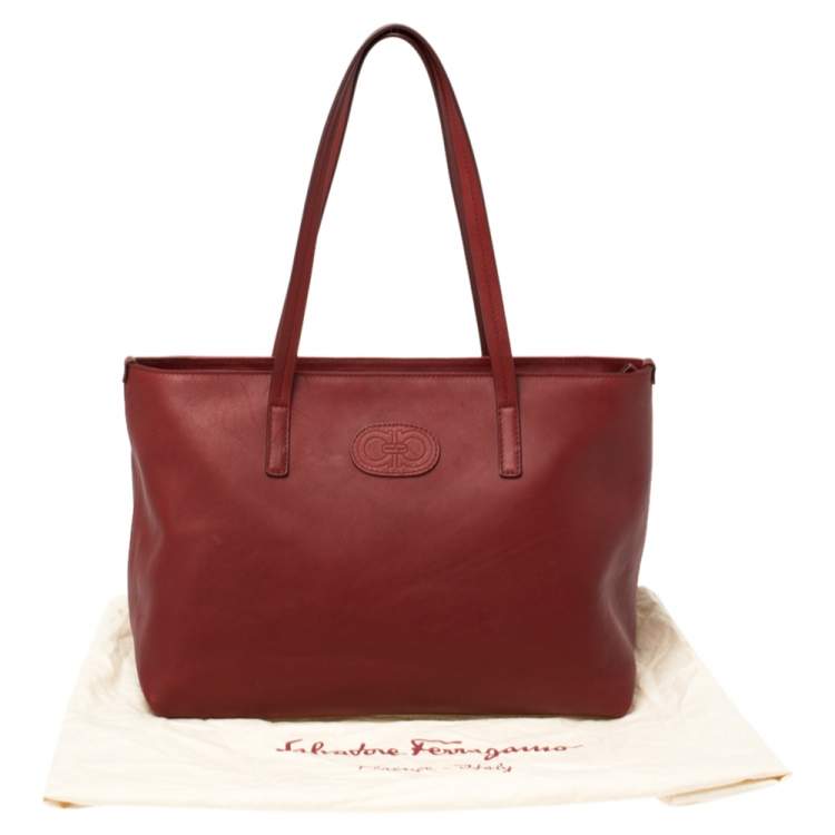 Pre Owned Salvatore Ferragamo Wine Red Leather Double Gancio Embossed Zip Tote