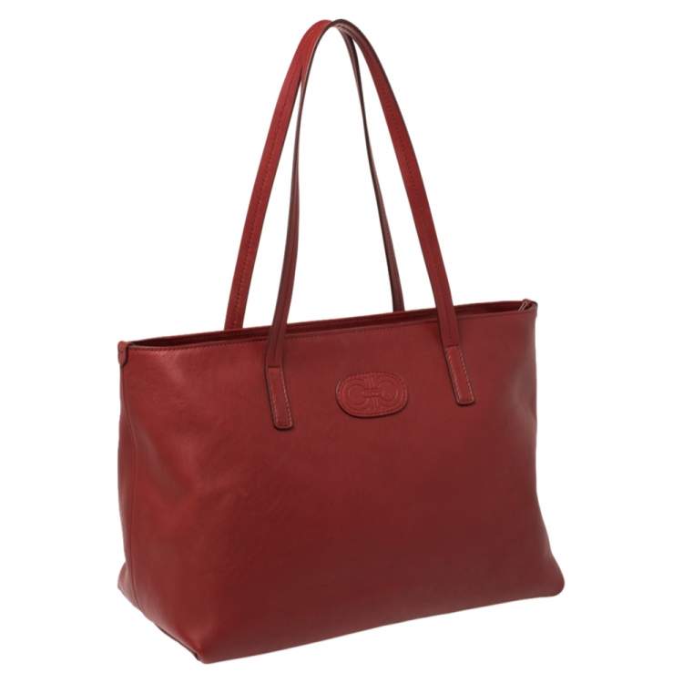Pre Owned Salvatore Ferragamo Wine Red Leather Double Gancio Embossed Zip Tote