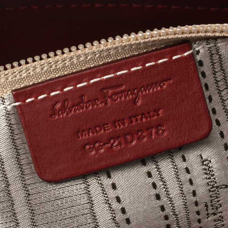 Pre Owned Salvatore Ferragamo Wine Red Leather Double Gancio Embossed Zip Tote