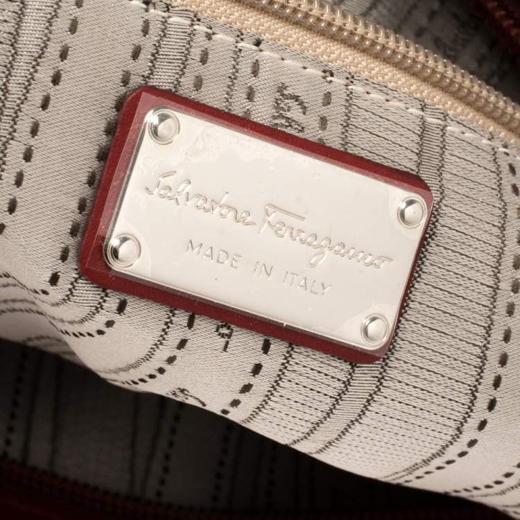 Pre Owned Salvatore Ferragamo Wine Red Leather Double Gancio Embossed Zip Tote