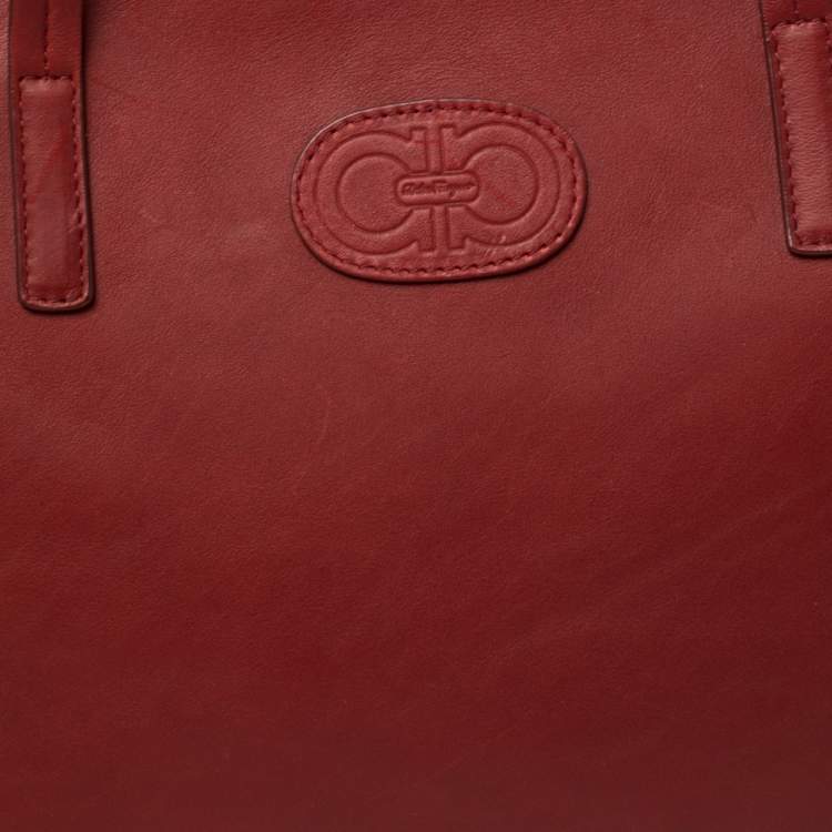 Pre Owned Salvatore Ferragamo Wine Red Leather Double Gancio Embossed Zip Tote