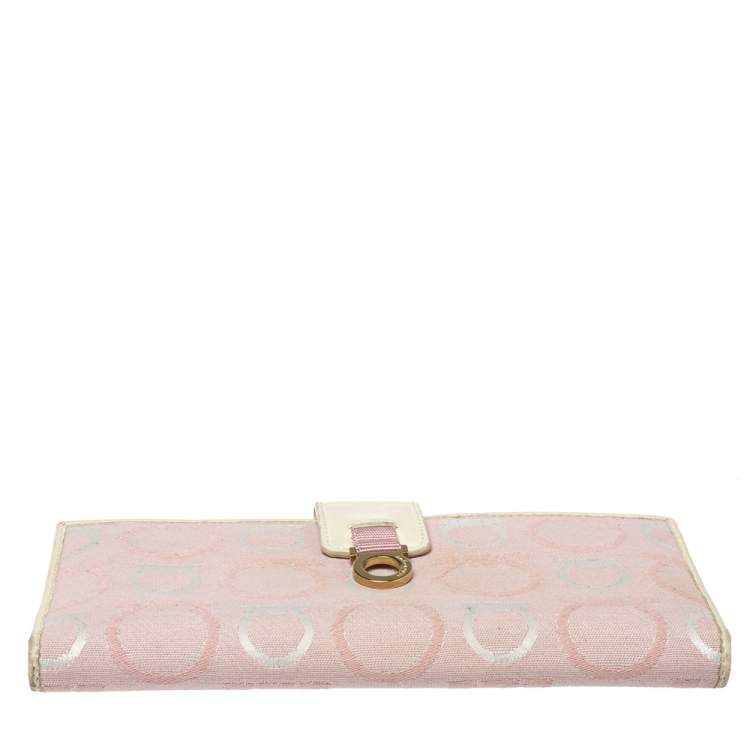 Pre Owned Salvatore Ferragamo Pink/Cream Gancini Canvas and Leather Wallet