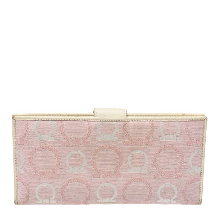 Pre Owned Salvatore Ferragamo Pink/Cream Gancini Canvas and Leather Wallet