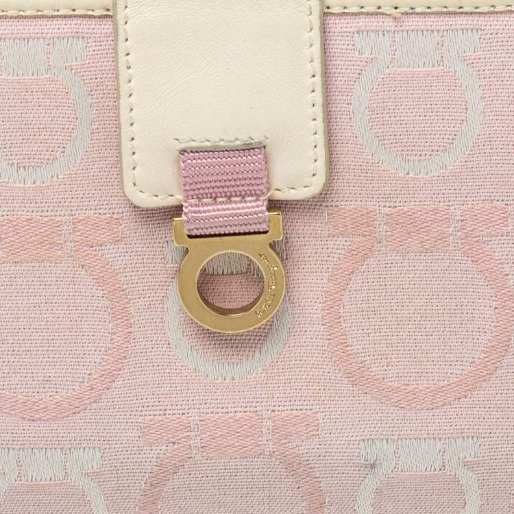 Pre Owned Salvatore Ferragamo Pink/Cream Gancini Canvas and Leather Wallet