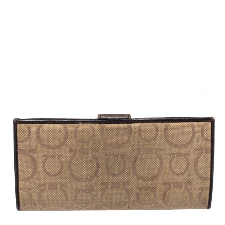 Pre Owned Salvatore Ferragamo Beige/Brown Gancini Canvas and Leather Wallet