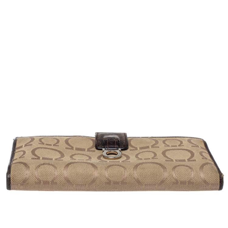 Pre Owned Salvatore Ferragamo Beige/Brown Gancini Canvas and Leather Wallet