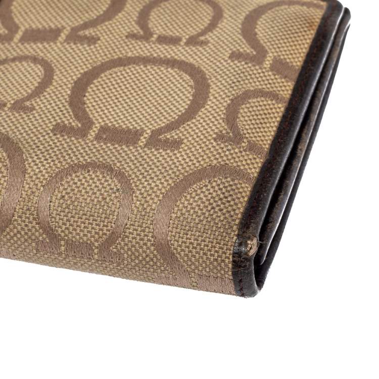 Pre Owned Salvatore Ferragamo Beige/Brown Gancini Canvas and Leather Wallet