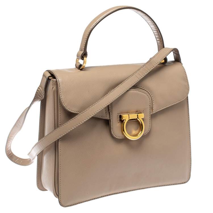 Pre Owned Salvatore Ferragamo Beige Leather Katia Top Handle Bag