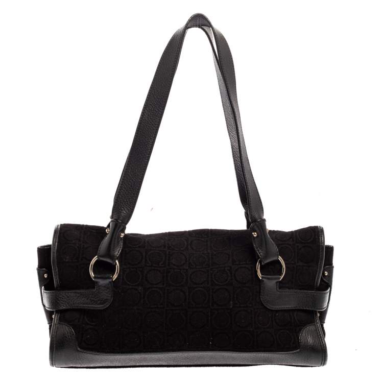 Pre Owned Salvatore Ferragamo Black Monogram Velvet and Leather Satchel