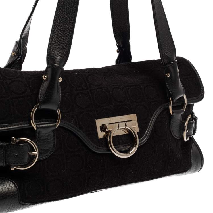 Pre Owned Salvatore Ferragamo Black Monogram Velvet and Leather Satchel