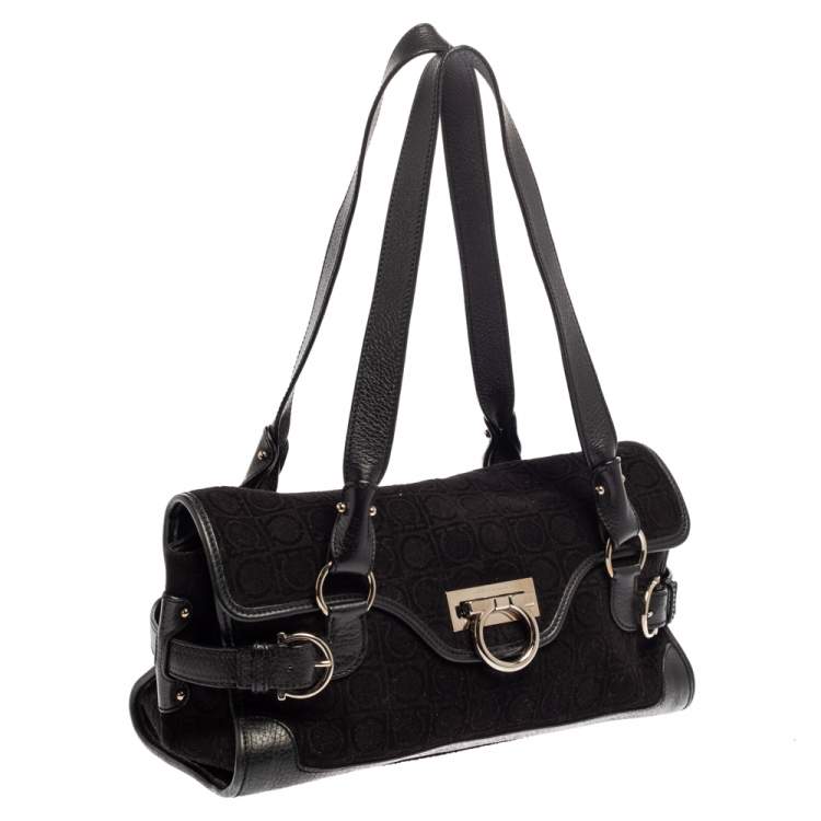 Pre Owned Salvatore Ferragamo Black Monogram Velvet and Leather Satchel