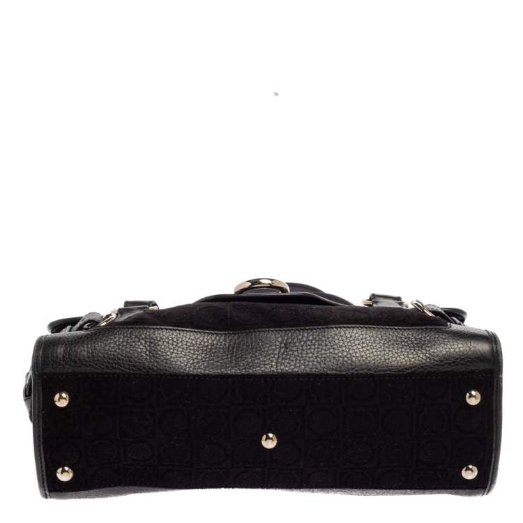 Pre Owned Salvatore Ferragamo Black Monogram Velvet and Leather Satchel