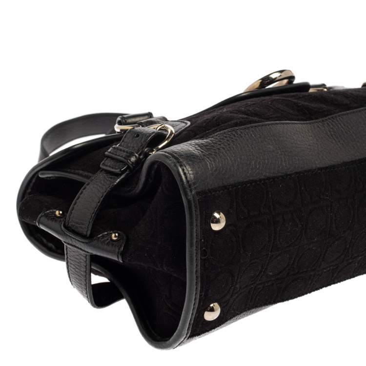 Pre Owned Salvatore Ferragamo Black Monogram Velvet and Leather Satchel