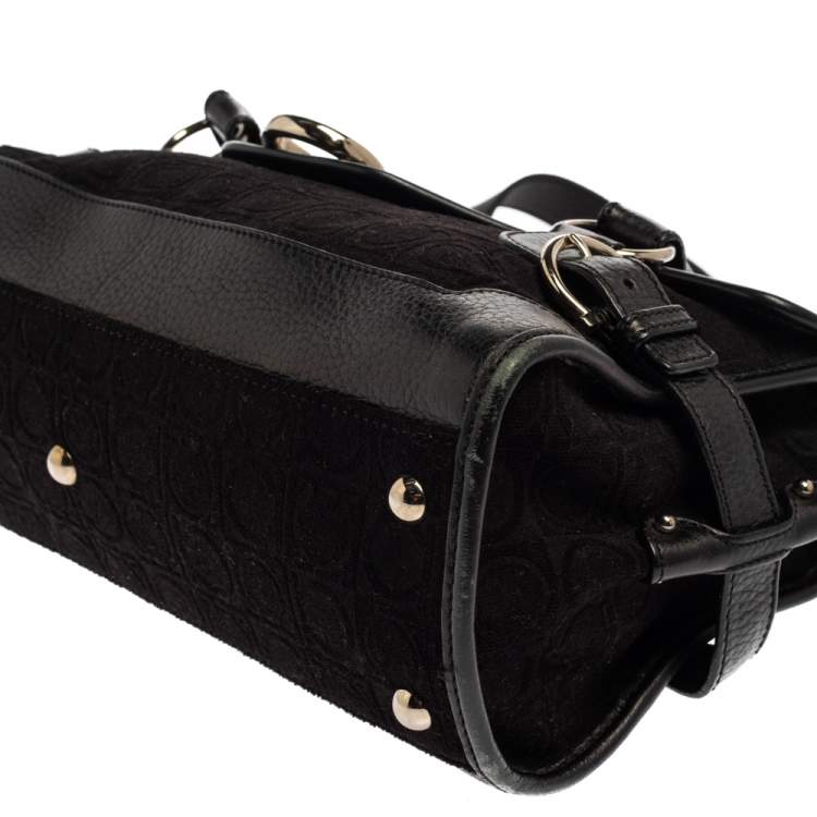 Pre Owned Salvatore Ferragamo Black Monogram Velvet and Leather Satchel