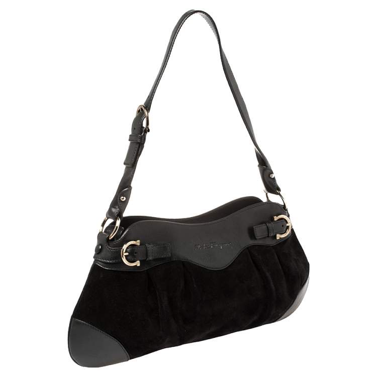 Pre Owned Salvatore Ferragamo Black Leather and Suede Marisa Baguette Shoulder Bag