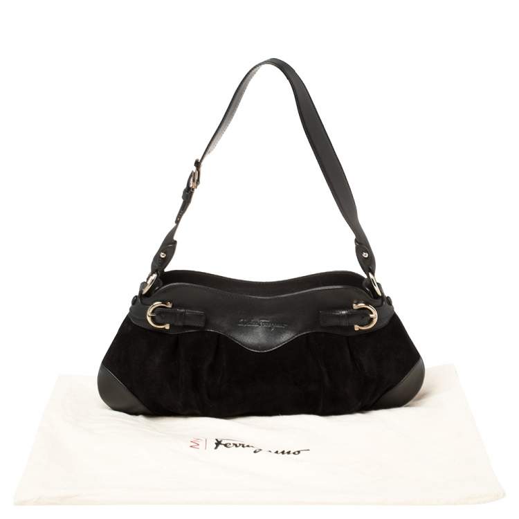 Pre Owned Salvatore Ferragamo Black Leather and Suede Marisa Baguette Shoulder Bag