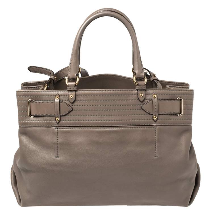 Pre Owned Salvatore Ferragamo Dark Beige Leather Gancini Buckle Tote