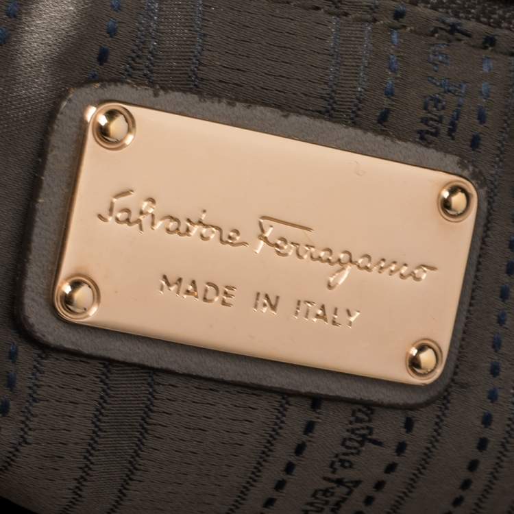 Pre Owned Salvatore Ferragamo Dark Beige Leather Gancini Buckle Tote