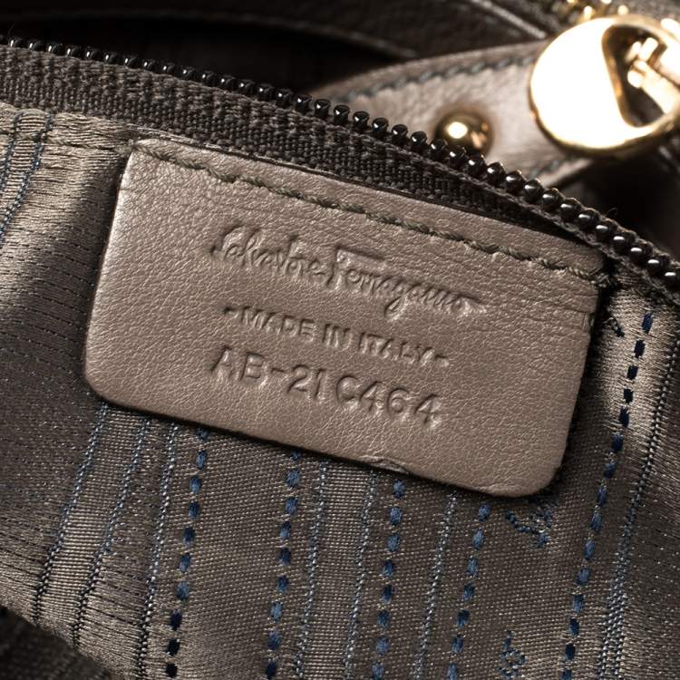 Pre Owned Salvatore Ferragamo Dark Beige Leather Gancini Buckle Tote