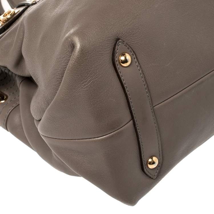Pre Owned Salvatore Ferragamo Dark Beige Leather Gancini Buckle Tote