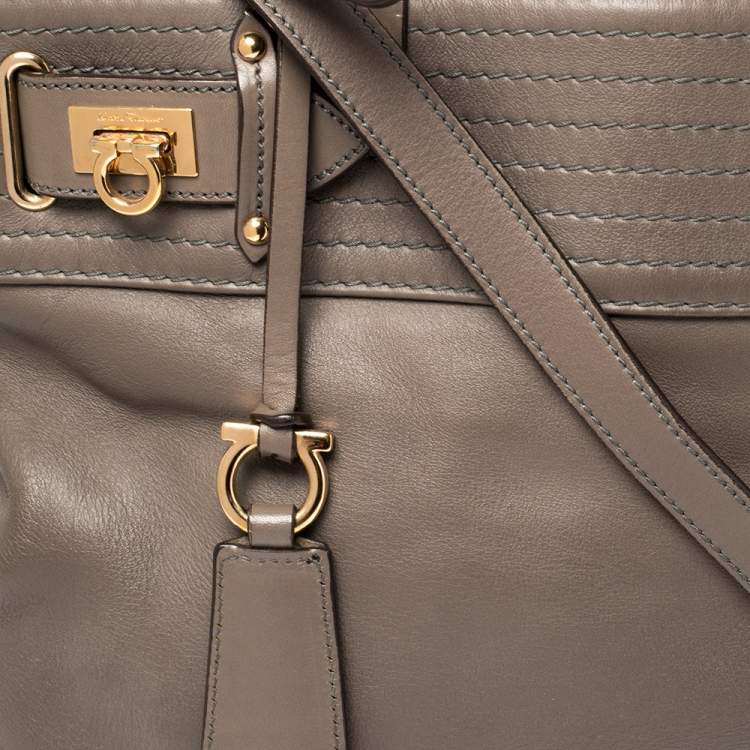 Pre Owned Salvatore Ferragamo Dark Beige Leather Gancini Buckle Tote