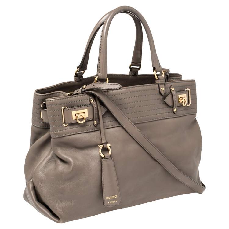Pre Owned Salvatore Ferragamo Dark Beige Leather Gancini Buckle Tote