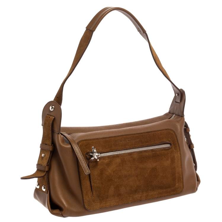 Pre Owned Salvatore Ferragamo Brown Leather and Suede Shoulder Bag