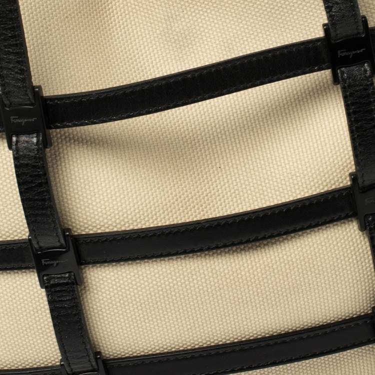 Pre Owned Salvatore Ferragamo Black/Beige Leather, Canvas and Nylon Interchangeable Tote