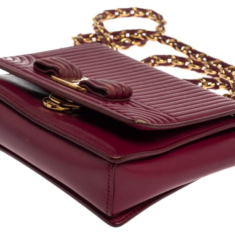 Pre Owned Salvatore Ferragamo Burgundy Quilted Leather Mini Vara Bow Crossbody Bag