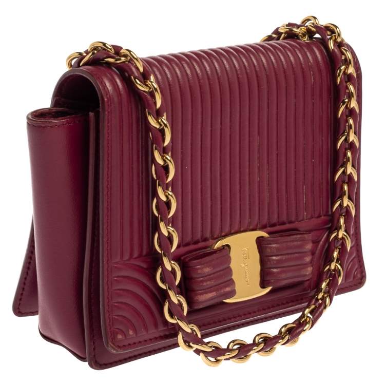 Pre Owned Salvatore Ferragamo Burgundy Quilted Leather Mini Vara Bow Crossbody Bag